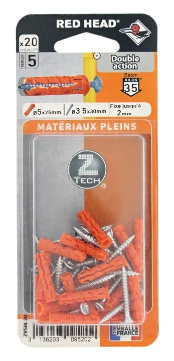 Chevilles ztech Ø5x25mm + vis TF Ø3,5x30mm (x20)